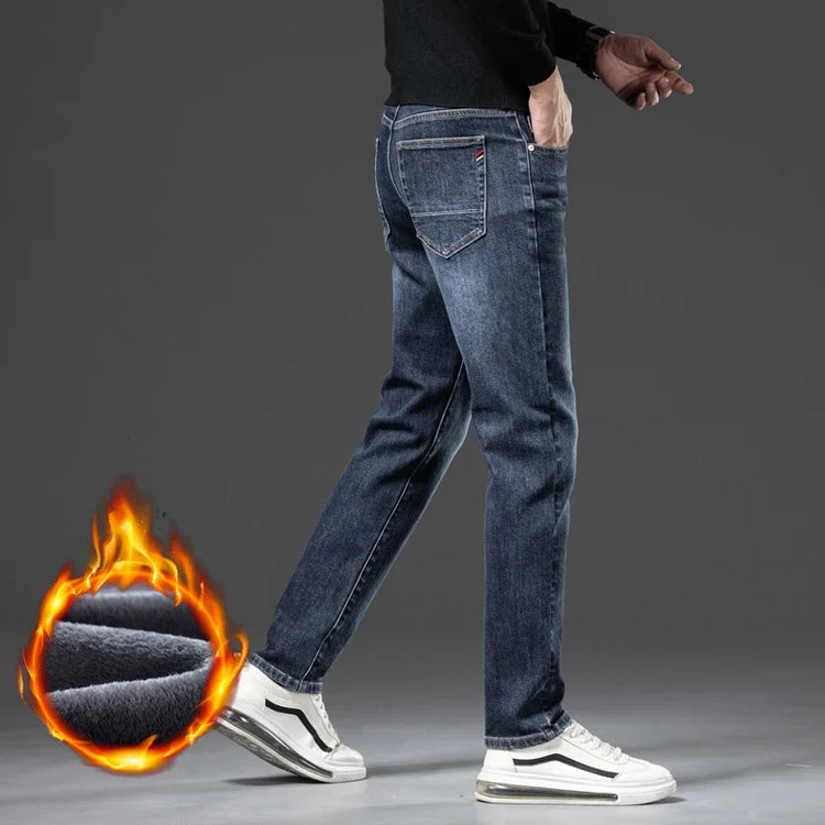 2026 New Winter Classic Brand Business Casual Velvet Plush Trousers Men Fleece Jeans Slim Straight Thicken Stretch Denim Pants