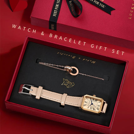 LUCKY FOX 2 pezzi confezione regalo di lusso leggera set braccialetto orologio orologio al quarzo quadrato da donna semplice e alla moda regalo del festival Reloj platinumshop