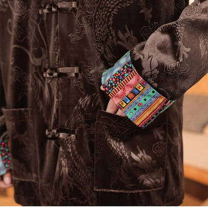 Giacca in velluto da uomo in stile cinese con stampa drago camicie da uomo tradizionale abito Tang Kung Fu Tai Chi camicie casual retrò abbigliamento da uomo