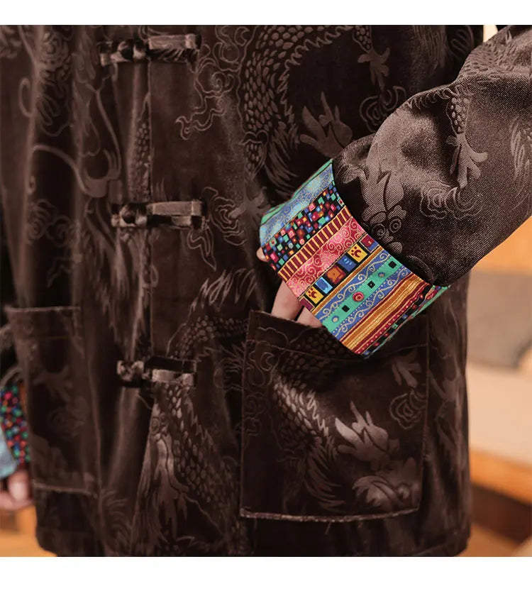 Giacca in velluto da uomo in stile cinese con stampa drago camicie da uomo tradizionale abito Tang Kung Fu Tai Chi camicie casual retrò abbigliamento da uomo