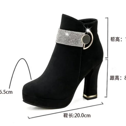 Fashionable Women's Red Wedding Shoes Autumn/winter Fleece-lined Thick Heel Short Boots Cotton Round Head Warm High Heels
