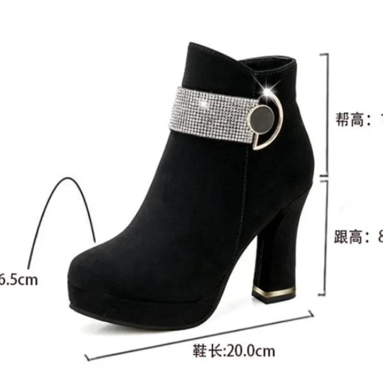 Fashionable Women's Red Wedding Shoes Autumn/winter Fleece-lined Thick Heel Short Boots Cotton Round Head Warm High Heels
