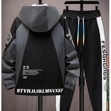 Winter Warm Hooded patchwork Jacket+Pant 2-piece Set Men Set Sports Suit Fleece Thickened Sportswear Casual Men Tracksuit