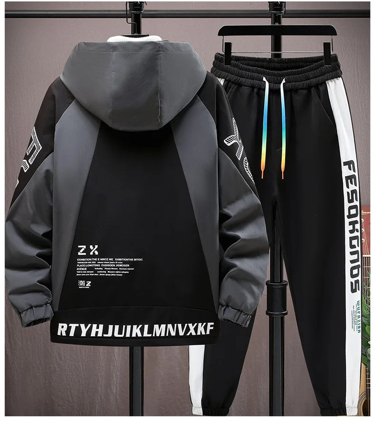 Winter Warm Hooded patchwork Jacket+Pant 2-piece Set Men Set Sports Suit Fleece Thickened Sportswear Casual Men Tracksuit