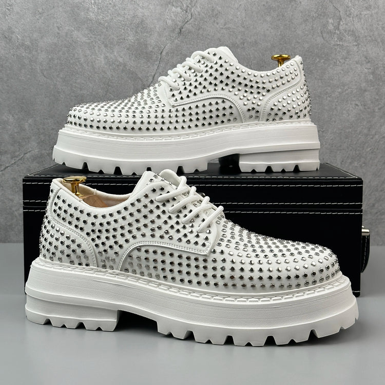 Luxury Designer Rivets Men Leather Casual Shoes Fashion Breathable Height Increasing Male Brogue Derby Shoes Zapatillas Hombre