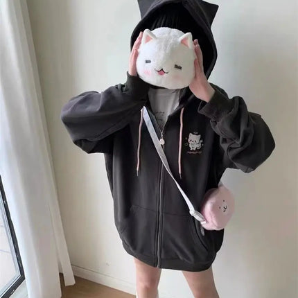 Zipper Hoodie Gothic Cartoon Kawaii Cat Ear Y2k Jacket Zip Up Thin Coat Spring Autumn Cute Core 2000s Clothes Fall Sweatshirts