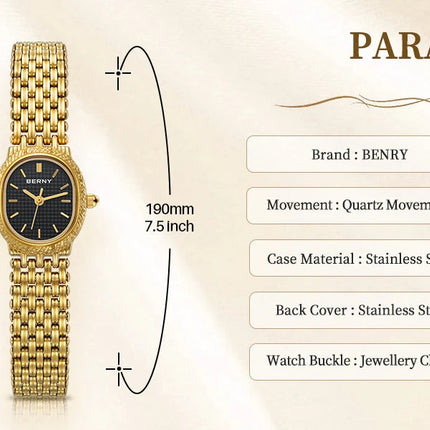 BERNY Orologio al quarzo da donna Cinturino in acciaio inossidabile dorato Orologio da polso ellittico di lusso Orologio da donna semplice retrò impermeabile platinumshop