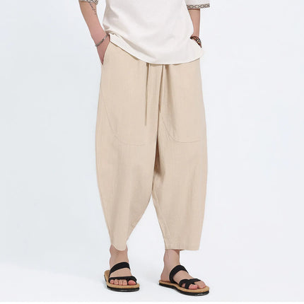 Pantaloni Harem in Cotone e Lino da Uomo, Casual, Traspiranti, Comodi, Estivi, Lunghezza al Polpaccio, Taglie Forti fino a 5XL