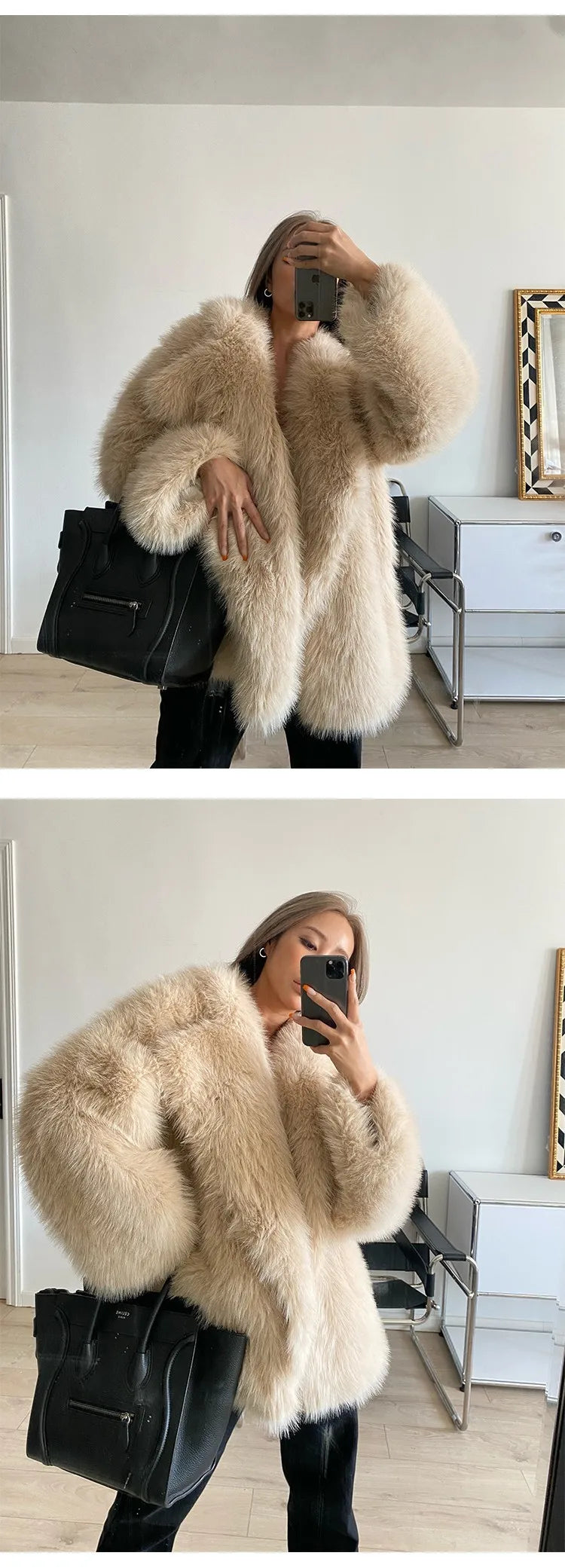 ZADORIN Korean Style Winter Warm Coat Women Mid Length Lapel Loose Faux Fox Fur Coat Luxury Overcoat Fluffy Fur Jacket Tops