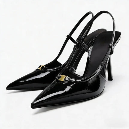 2026 Fashion Metal Decoration Stiletto Pumps Women Luxury Patent Leather Pointed Toe High Heels Sexy Slingback Designer Shoes PlatiNum