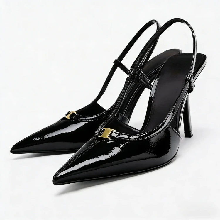 2026 Fashion Metal Decoration Stiletto Pumps Women Luxury Patent Leather Pointed Toe High Heels Sexy Slingback Designer Shoes PlatiNum