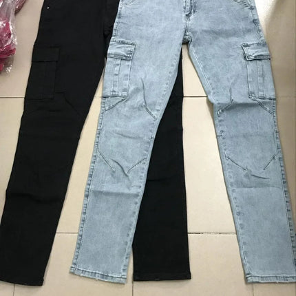 Men Street Elastic Denim Jeans Wash Solid Color Multi Pockets Cargo Pants Casual Slim Fit Daily Wear Joggers Mid Waist Trousers PlatiNum