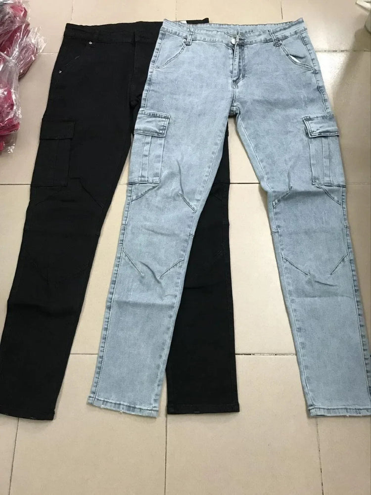 Men Street Elastic Denim Jeans Wash Solid Color Multi Pockets Cargo Pants Casual Slim Fit Daily Wear Joggers Mid Waist Trousers PlatiNum