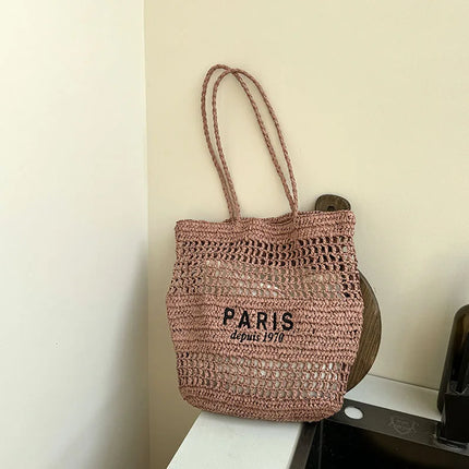 Hylhexyr Women's Letter Embroidered Shoulder Bag Woven Straw Bag Large Capacity Empty Holiday Beach Bags