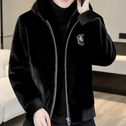 Autumn Winter Faux Fur Hooded Jacket Men Fashion Social Faux Mink Fur Casual Business Jacket Thick Warm Outdoor Windproof Coat
