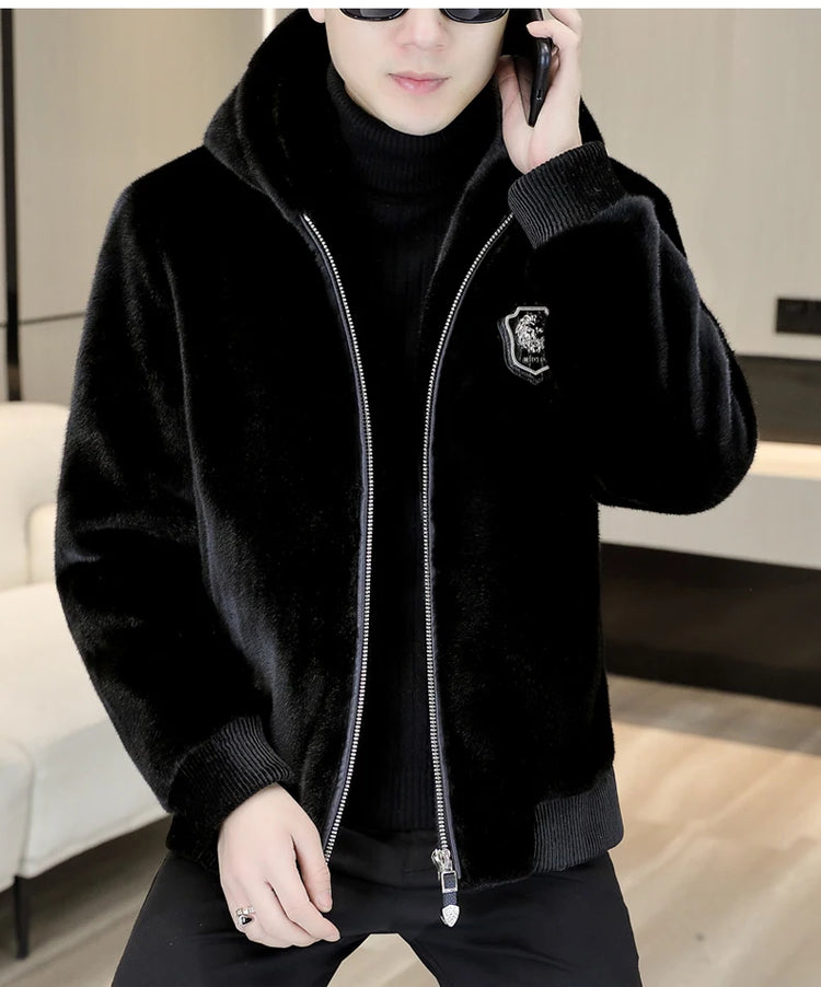 Autumn Winter Faux Fur Hooded Jacket Men Fashion Social Faux Mink Fur Casual Business Jacket Thick Warm Outdoor Windproof Coat