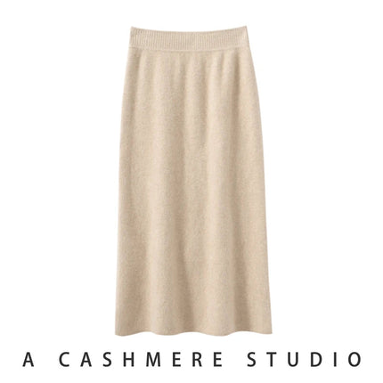 Women's 100% Cashmere Fashionable Lady's Midi Skirt Autumn Winter Elastic Waist Versatile Long Skirt Comfortable Knitwear Bottom PlatiNum