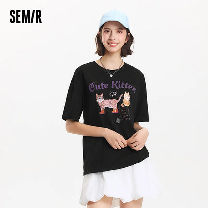 T-shirt à manches courtes Semir pour femme, longueur moyenne, joli motif, style rétro, nouvelle collection été 2025, haut ample respirant, style de niche
