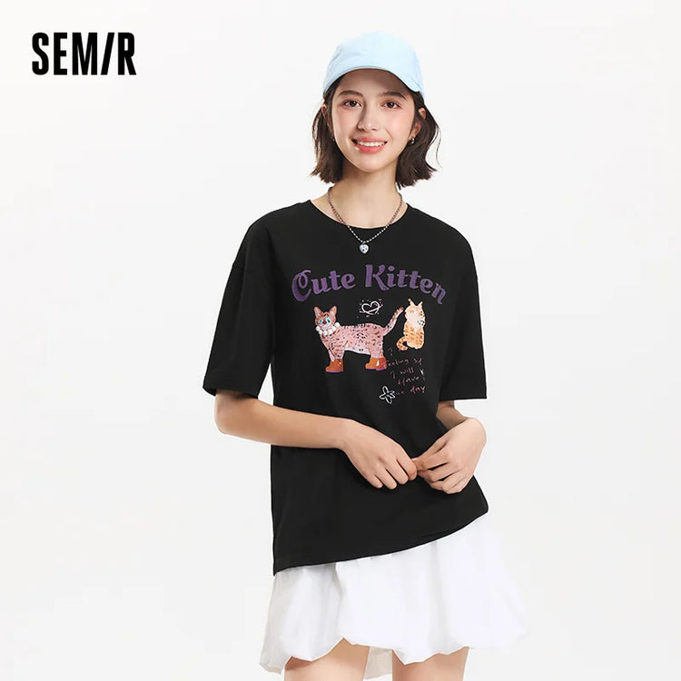T-shirt a maniche corte Semir da donna, lunghezza media, fantasia carina, stile retrò, nuova collezione estiva 2025, top ampio traspirante, stile di nicchia