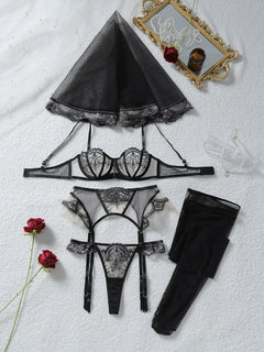 Tornova Erotic Underwear Fashionable See-through Veil with Floral Embroidery Slim-fitting Sexy Hot Underwear Split Five-pieceset