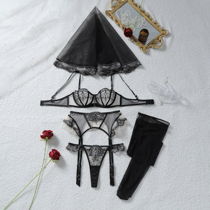 Tornova Erotic Underwear Fashionable See-through Veil with Floral Embroidery Slim-fitting Sexy Hot Underwear Split Five-pieceset