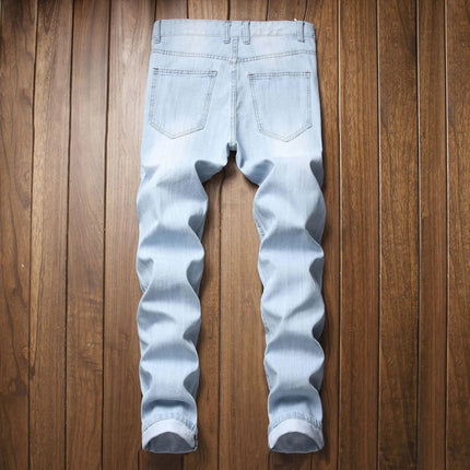 Casual Men's Light Blue Denim Jeans Ripped Straight Leg Slim Fit Non-Elastic Torn Casual Style Chinese Production PlatiNum