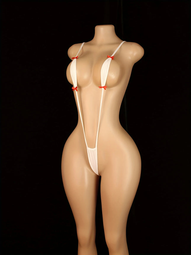 Adjustable Strappy Teddy Bodysuit for Women Black Lingerie with Red Accents Backless Design Semi-Sheer Sexy Adult Apparel