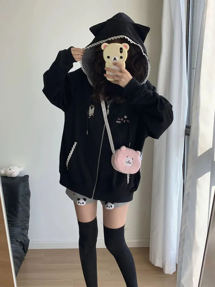 Ropa Mujer Japanese Cute Hoodies Coats Cute Cat Print Hooded Sweatshirts Y2K Tops Women Clothing Casual Zipper Loose Hoodie