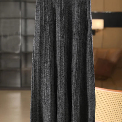 Women's Wool Skirts A-Line Pleated Cashmere Skirt Autumn Winter Elastic Waist 100% Merino Wool Knitted Bright Silk Style Dress PlatiNum