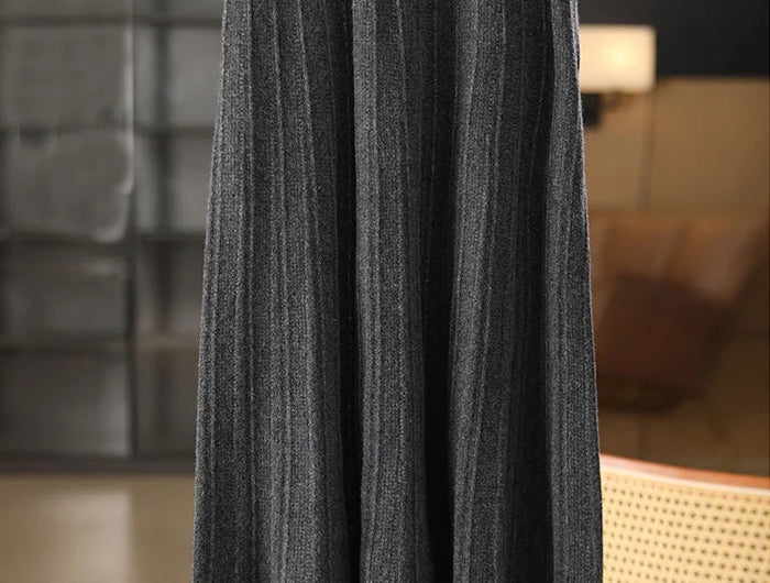 Women's Wool Skirts A-Line Pleated Cashmere Skirt Autumn Winter Elastic Waist 100% Merino Wool Knitted Bright Silk Style Dress PlatiNum
