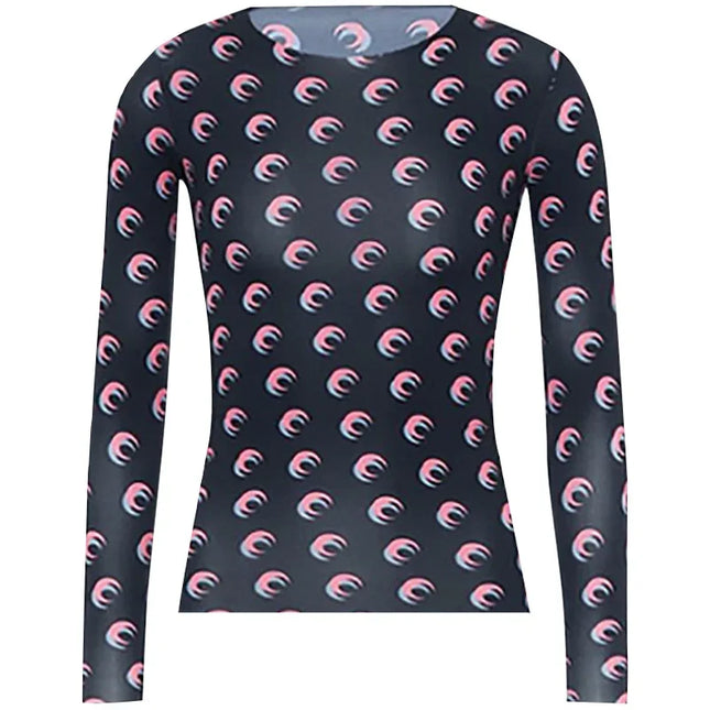 New Women's Printed Mesh T-Shirt, Spring-Autumn Fashion, Casual Long Sleeve, Sun Protection, Ice Silk Inner Layer