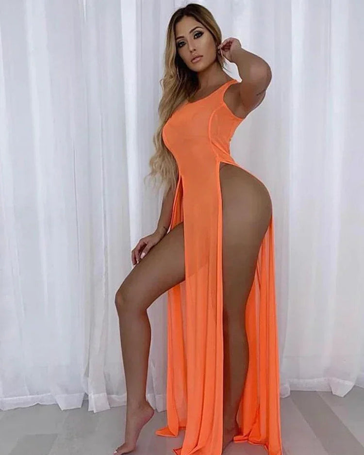 Copricostume Estivo da Donna, Abito da Spiaggia Sexy in Rete Trasparente, Vestito Lungo Senza Maniche con Spalline platinumshop