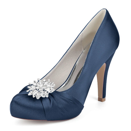 Primavera Boca de pescado Punta redonda Diamantes de imitación de seda Zapatos de boda impermeables de tacón alto para mesa Sandalias de mujer de talla grande para vestido de banquete