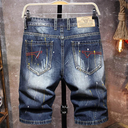 Men Ripped Short Jeans Summer Cotton Knee Length Shorts Breathable Vintage Denim Pants Painted Graffiti Streetwear Cargo Jeans PlatiNum