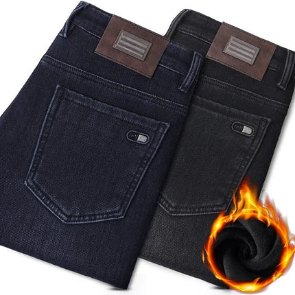 Winter Men's Fleece Warm Jeans Fashion Business Casual Thick Wool Denim Trousers Plush Lined Pants