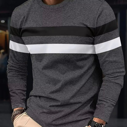 2025 Autumn/Winter Fashion Men's Long Sleeve Round Neck Splicing T-shirt Business Anti Wrinkle Street Wear Casual Top PlatiNum