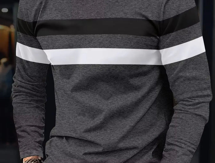 2025 Autumn/Winter Fashion Men's Long Sleeve Round Neck Splicing T-shirt Business Anti Wrinkle Street Wear Casual Top PlatiNum