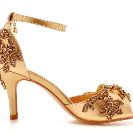 Sandalias de mujer de calidad femenina con diamantes de imitación de PU, tacón delgado de 7 cm, correa de hebilla, zapatos de vestir de estilo coreano para mujer, azul cielo maduro