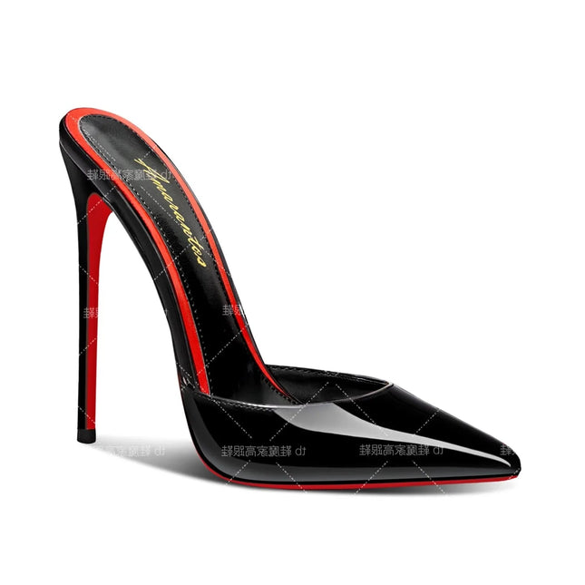 Sandali Baotou da donna nuovo stile 2025, tacchi alti con fondo rosso a punta da 12 cm, tacchi ultra fini, mezze pantofole per uso esterno platinumshop