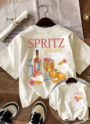 Top girocollo con stampa di cocktail e lettere dei cartoni animati Top casual estivo a maniche corte da donna in stile semplice e versatile