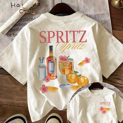 Top girocollo con stampa di cocktail e lettere dei cartoni animati Top casual estivo a maniche corte da donna in stile semplice e versatile
