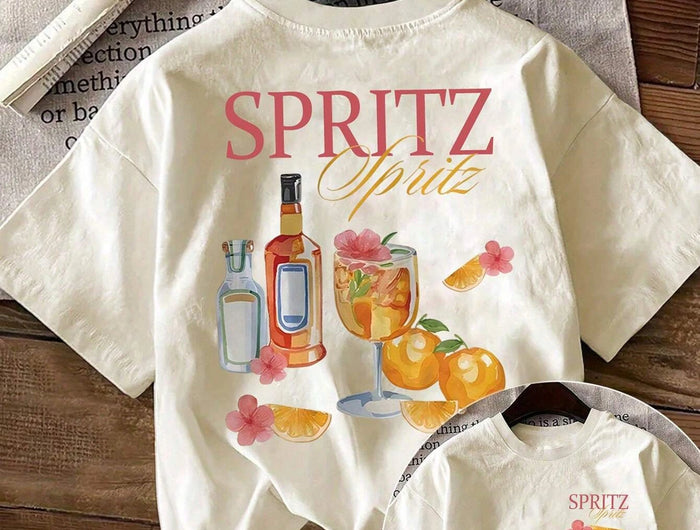 Top girocollo con stampa di cocktail e lettere dei cartoni animati Top casual estivo a maniche corte da donna in stile semplice e versatile