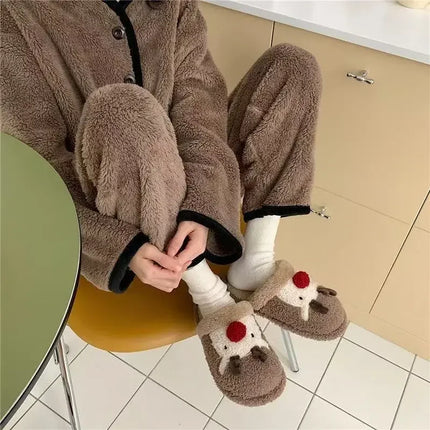 Winter Christmas Women Home Slippers Men Indoor Soft Non-slip Sandals Couples Warm Plush Flat Slides Adults Unisex Lovely Shoes