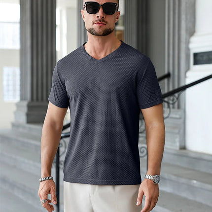 2025 New Men's Casual Short Sleeved Bone Flower Solid Color O-neck T-shirt Fashion Breathable Comfortable Summer Versatile Top PlatiNum