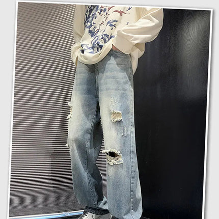 New vintage casual loose fit men's jeans with high street style straight leg denim pants for teenagers, torn knees and damaged PlatiNum