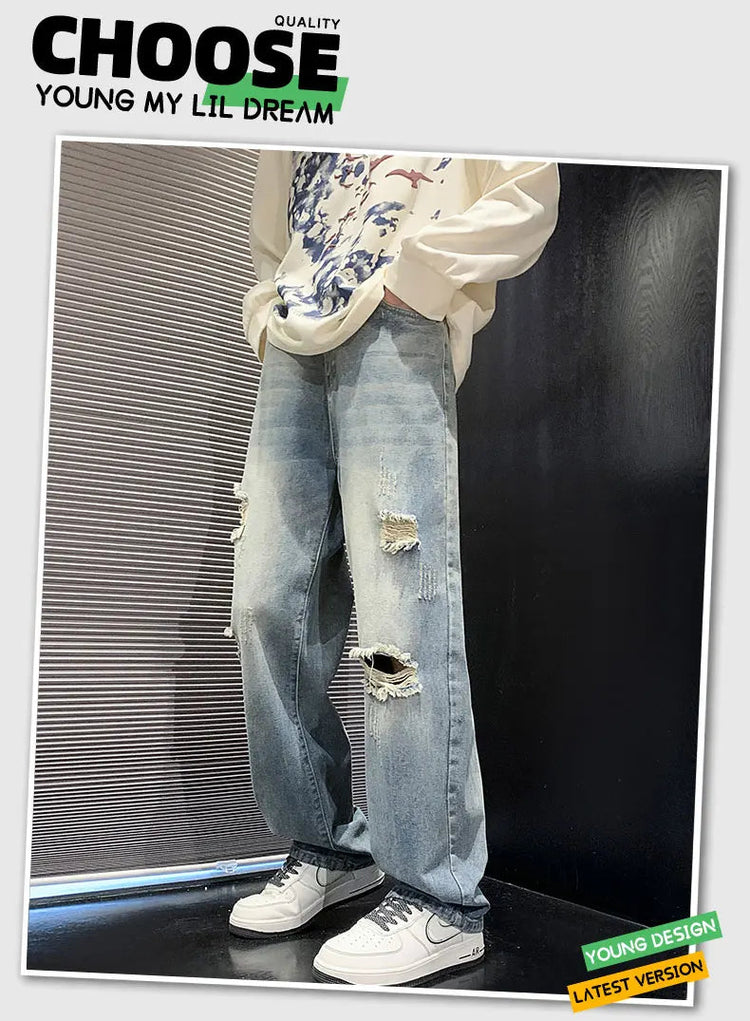New vintage casual loose fit men's jeans with high street style straight leg denim pants for teenagers, torn knees and damaged PlatiNum
