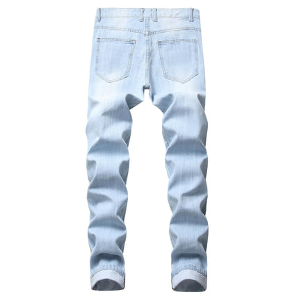 Casual Men's Light Blue Denim Jeans Ripped Straight Leg Slim Fit Non-Elastic Torn Casual Style Chinese Production PlatiNum