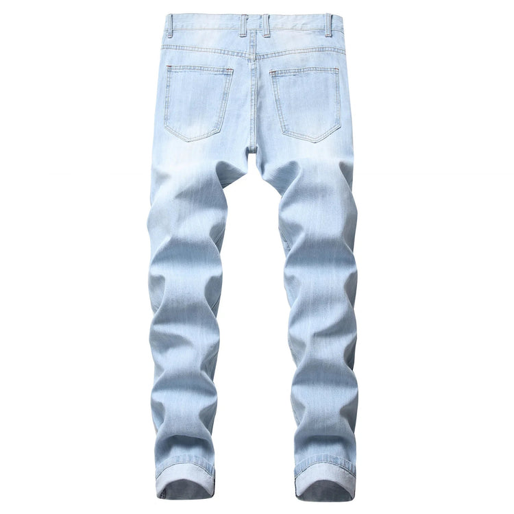 Casual Men's Light Blue Denim Jeans Ripped Straight Leg Slim Fit Non-Elastic Torn Casual Style Chinese Production PlatiNum