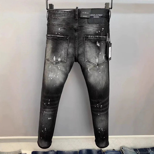 Light Luxury Washed Jeans Men's Trendy Brand Ruffian Handsome Black Ripped Patch Slim Fit Small Feet Casual Long Pants PlatiNum