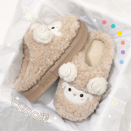 Cute Little Sheep Plush Slippers Women Winter Warm Thick Soft Sole House Shoes Indoor Fuzzy Non-Slip Comfortable Home Slides